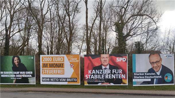 Vier große Wahlplakate stehen an einer Straße in Burhave (Landkreis Wesermarsch).