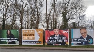 Vier große Wahlplakate stehen an einer Straße in Burhave (Landkreis Wesermarsch).