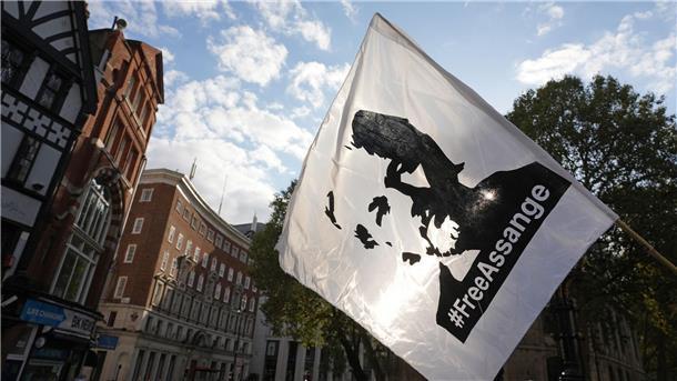 UN-Expertin besorgt um Assange: mögliche Folter in den USA Eine Fahne mit dem Konterfei von Julian Assange wird bei einer Demonstration vor dem Royal Courts of Justice in London geschwenkt.