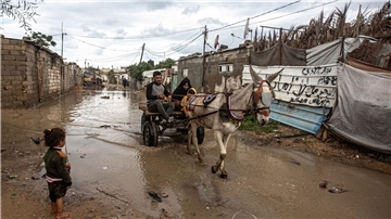 Eine Familie fährt mit einer Kutsche über einen überschwemmten Weg. Schwere Regenfälle und Überschwemmungen beeinträchtigen das tägliche Leben der Palästinenser in der Stadt Khan Yunis im südlichen Gazastreifen.