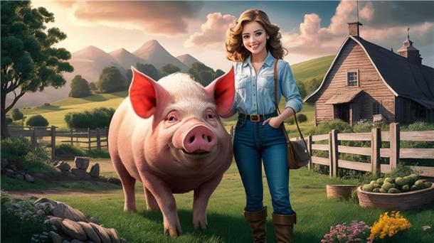 Ein Tag auf dem Bauernhof: Wir (Volontärinnen) suchen Euch (engagierte Frauen) Ein Schwein steht neben einer Frau. KI generiert.