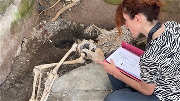 Eine Frau sitzt vor einem Skelett im Archäologiepark Pompeji.
