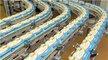 Eine Produktionsstraße für Milram-Frühlingsquark in Zeven. Heute verlassen Millionen Packungen pro Jahr das Werk im niedersächsischen Zeven-Aspe.