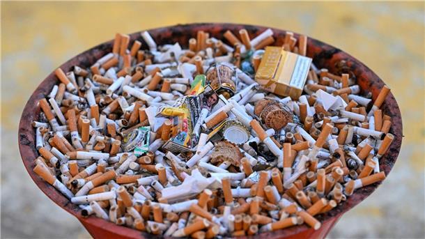 Absatz von Tabakwaren 2023 erneut rückläufig Eine Schale voller Kippen und Zigarettenschachteln.