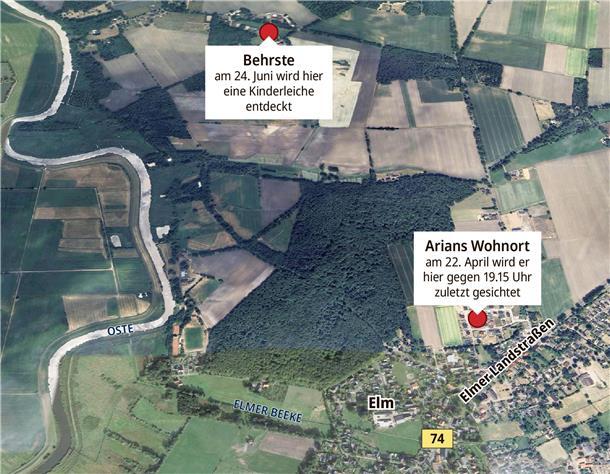 Eine Übersicht über das Suchgebiet rund um den ort Elm und den Fundort der Kinderleiche. Karte: © 2024 Google, Airbus, Bilder © 2024 Airbus, GeoContent,Maxar Technologies, Grafik: NZ