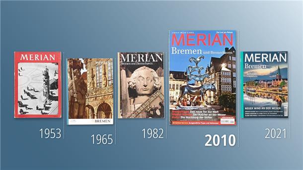 Eine Zeitreise auch durch den Wandel von Bremerhaven: Die fünf Merian-Ausgaben zu Bremen von 1953 bs 2021.