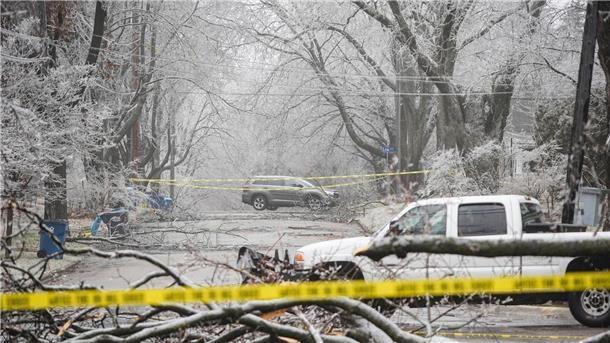 Eissturmschäden blockieren eine Straße in Kalamazoo.