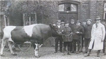 Erich Neugarten (rechts) und sein Bruder Siegfried (Dritter von links) waren die größten Viehhändler in Zeven. Das Foto zeigt sie im Kreise von Viehhändlern. Erich Neugarten entkam den Mördern. Ihm und seiner Familie gelang im April 1939 die Ausreise in die USA. Siegfried Neugarten und seine Familie wurden ermordet.