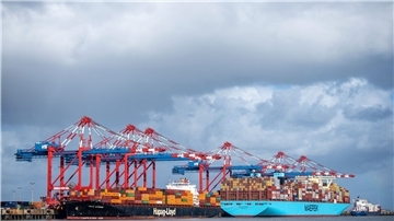 Schiffe vor Containerbrücken