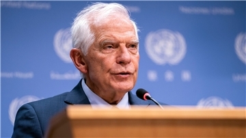 EU-Außenbeauftragter Josep Borrell spricht während einer Pressekonferenz im Hauptquartier der Vereinten Nationen.