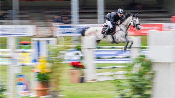 Regen, Wettkämpfe und Showreiten: Das sind die Elmloher Reitertage in Bildern Fabian Legros auf Cataleya 7.
