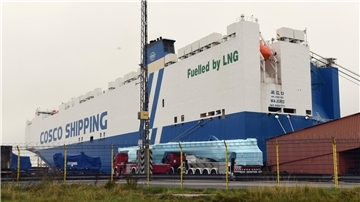 Blau-weißer Autotransporter mit dem Namen der Reederei "Cosco Shipping" und dem Schriftzug "Fuelled by LNG" liegt im Hafen.