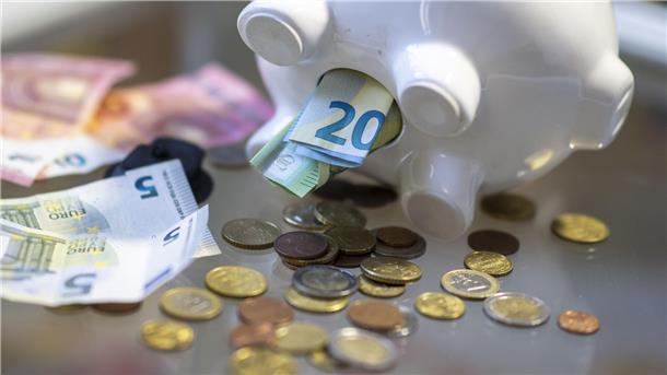 Sparschwein mit einigen Euro-Geldscheinen und Euro-Münzen