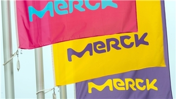 Flaggen des Darmstädter Chemie- und Pharmaunternehmens Merck.