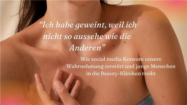 Eine Frau mit nacktem Dekolleté, darüber ein Zitat: „Ich habe geweint, weil ich nicht so aussehe wie die anderen“.