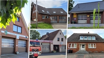 5 betagte Feuerwehrhäuser in der Gemeinde Wurster Nordseeküste (von links im Uhrzeigersinn): Wremen, Deichsende, Midlum, Nordholz und Dorum