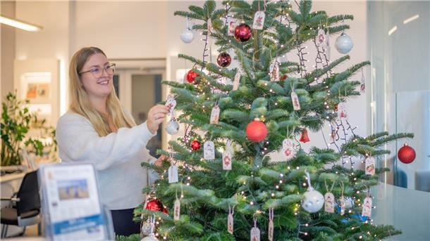 NZ-Mitarbeiterin Sophie Schliephake schmückt einen Tannenbaum.