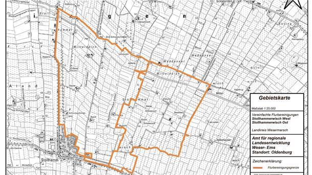 Gebietskarte der Flurbereinigungsverfahren Stollhammerwisch West und Stollhammerwisch Ost.