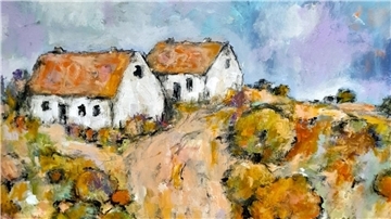 Zwei Häuser stehen in einer Landschaft