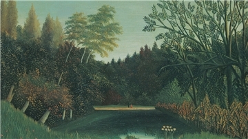 Henri Rousseau erschuf Traumwelten: Landschaften, die in den unterschiedlichsten Grüntönen schimmern, in denen die Menschen wie die beiden kleinen Figuren am See zu einem Nichts schrumpfen.