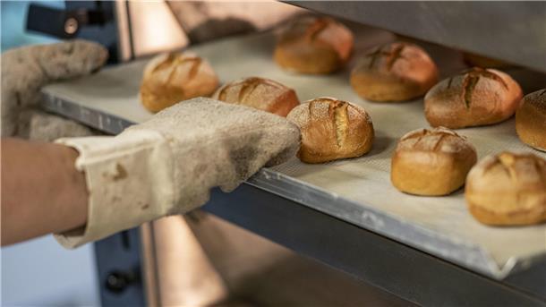 Thekenterror - Menschliche Abgründe tun sich in der Bäckerei auf Ein Bäcker holt ein Blech mit frischen Brötchen aus dem Backofen.