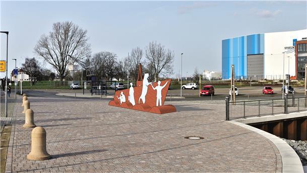 Hingucker für Blexen: Diese Fotomontage zeigt, wie der Platz am Fähranleger mit Skulptur aussehen wird. Das Kunstwerk soll Ende Mai oder Anfang Juni aufgestellt werden.