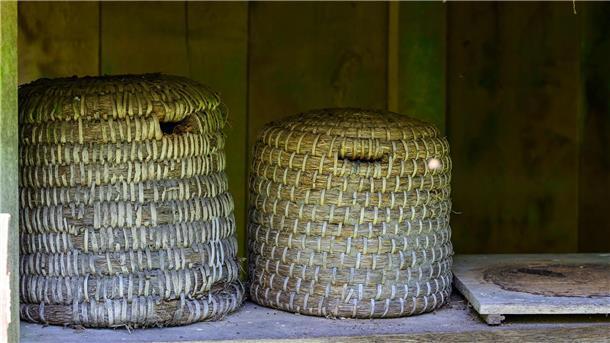 Historische Bienenstöcke stehen auf dem Gelände vom Freilichtmuseum am Kiekeberg. Das eigene Gemüse züchten und ein Bienenvolk halten, liegt im Trend - immer mehr Menschen imkern.