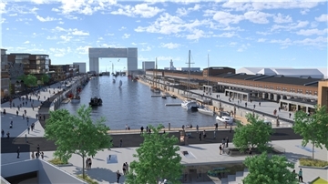 Hotels, Cafes, Restaurants, eine Markthalle: So soll der Alte Fischereihafen in Cuxhaven einmal aussehen, wenn das Projekt fertig ist. Ob der spektakuläre Hotelbau „Tor zur Welt“ am Eingang des Hafenbeckens realisiert werden kann, ist noch offen.