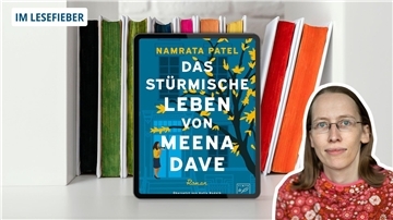 Ein Buchcover und eine Frau mit blonden Haaren.
