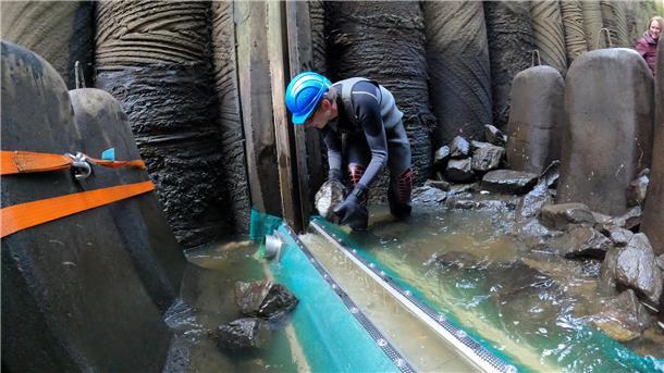 Im Weserwehr bei Fischtreppe: Installation einer Krabbenfalle