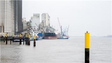 Das Foto zeigt den Braker Hafen, von der Weser aus fotografiert.