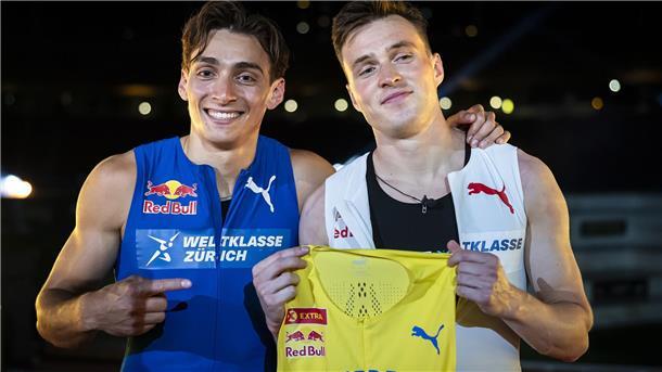 In dem Show-Rennen über 100 Meter gewann Duplantis (l) am Mittwoch klar gegen Warholm.