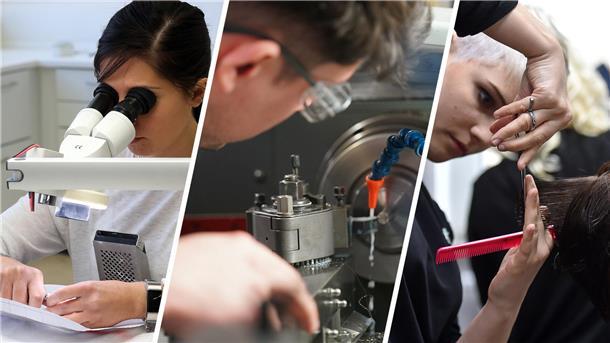 Bildcollage aus verschiedenen Berufen: Laborant, Mechaniker und Friseur