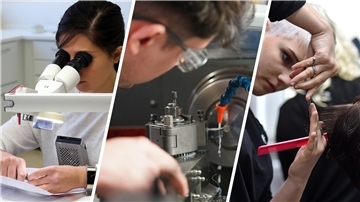 Bildcollage aus verschiedenen Berufen: Laborant, Mechaniker und Friseur