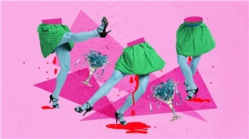  Surreale Collage auf pinkem Hintergrund mit drei kopflosen, blauhäutigen Frauenbeinen in grünen, gepunkteten Röcken und High Heels. Aus den Unterkörpern tropft rotes Blut. Zwischen ihnen stehen umgekippte Cocktailgläser gefüllt mit blauen Bändern. Der Stil ist pop-art-artig und provokativ.