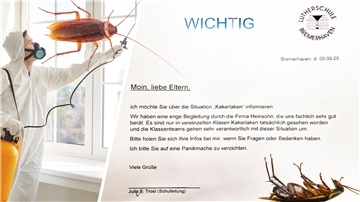 In einem Elternbrief informierte die Schulleitung der Lutherschule über den Kakerlaken-Befall und bat darum, auf Panikmache zu verzichten. 