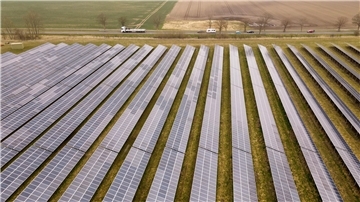 Das Foto zeigt einen Solarpark. 