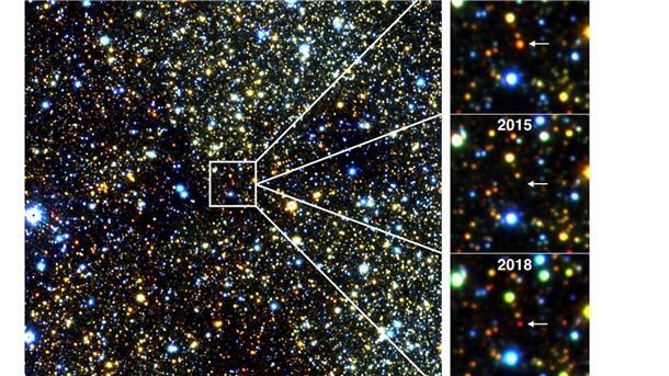 Neuer Sternentyp: Alte Raucher im Herzen der Milchstraße Infrarotbilder eines etwa 30.000 Lichtjahre entfernten roten Riesensterns in der Nähe des Zentrums unserer Milchstraßengalaxie, der im Laufe mehrerer Jahre verblasste und wieder auftauchte.