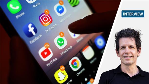 Die Bildkombination zeigt Apps auf einem Handy-Display und das Gesicht eines Mannes