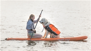 Eine Frau und ein Hund sitzen auf einem Stand-up-Paddleboard und schauen sich an. Die Frau hält ein Paddel in den Händen.