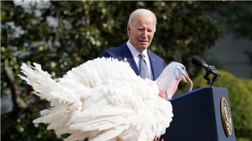 Joe Biden begnadigt die Thanksgiving-Truthähne „Liberty“ und „Bell“.