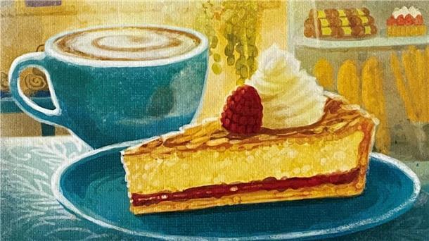 Cover des Spiels „Fika" mit einem Stück Torte und einer Kaffeetasse.
