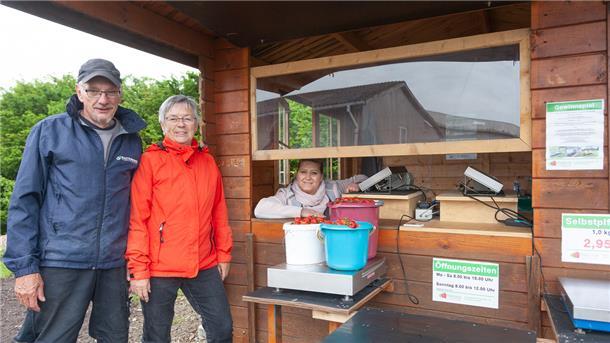 Karin und Manfred Grimm aus Barchel sind leidenschaftliche Selbstpflücker. Bei Hildebrandt in Kirchwistedt haben sie zwölf Kilogramm Erdbeeren geerntet. Verkäuferin Svenja Schwarz wiegt die Früchte, um den Kaufpreis zu ermitteln.