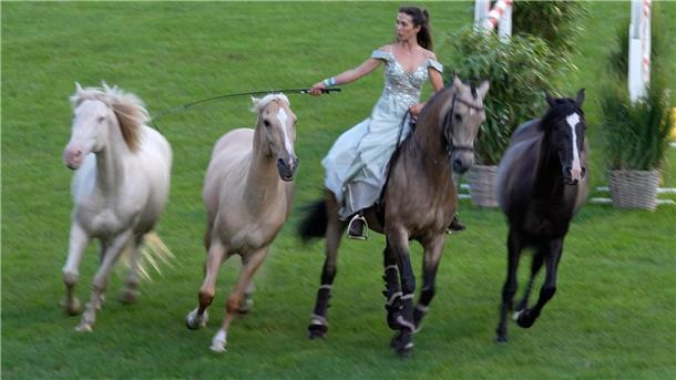 Kenzie Dysli und ihre vier iberischen Hengste zeigen ihre Show auf den Elmloher Reitertagen.