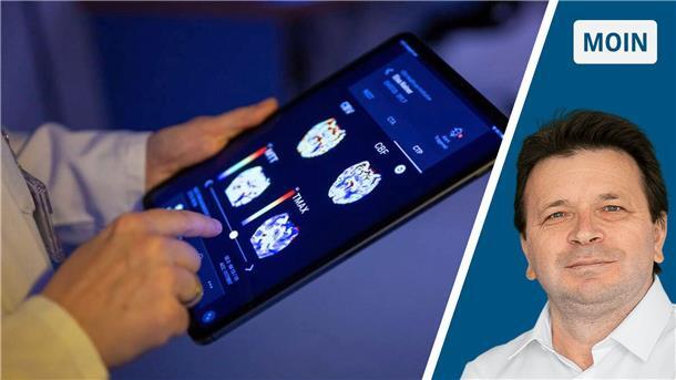 Wenn Ärztin nicht weiterweiß, hilft Kollegin Dr. KI weiter Links: Jemand hält ein Notebook und tippt ein. Rechts: Ismail Kul.