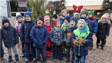Kita-Kinder hatten bereits im Vorfeld Weihnachtsschmuck gebastelt, mit dem sie die in der Innenstadt aufgestellten Tannen schmückten.
