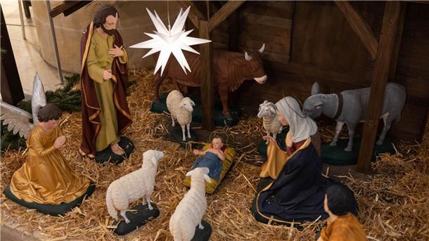 Krippe mit dem Jesuskind mit Ochs, Esel und Schafen.