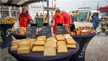Käsestand auf dem Bauernmarkt am Hafen im Schaufenster Fischereihafen