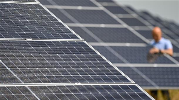 Ein Mann prüft den Zustand von Solarmodulen.