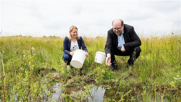 1000 Rotbauchunken in Wolfsburg ausgewildert Landtagsabgeordnete Kirsikka Lansmann (l) und Niedersachsens Umweltminister Christian Meyer.